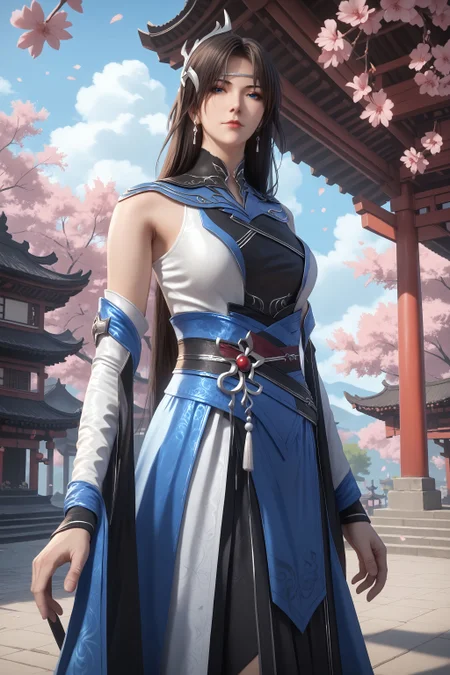 score_9, score_8_up, score_8, source_real,real skin, rating_explicit, ExpresiveH, best quality, unreal engine,game,cg, very aesthetic, CG, masterpiece, ultra high res, highres, More Details, high rating,Intricate and refined delicate details, looking at viewer,
<lora:age_slider_v4:4>,
<lora:peiyun:1>, 1girl, solo, black hair, blue eyes, jewelry, long hair, detached sleeves, earrings, realistic, dress, hair ornament, closed mouth, blue sky, sky, outdoors, east asian architecture, Cherry blossom, tree