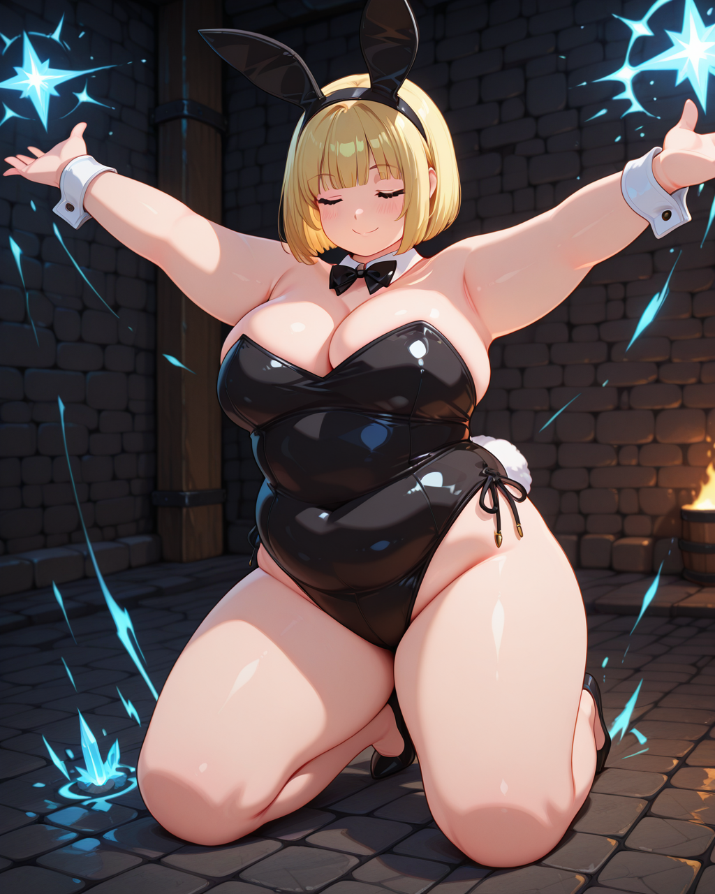 masterpiece,best quality,higres illustration,detailed face,1girl,solo,<lora:plussizegirls_IL:1>,plump,smile,kneeling,playboy bunny,blonde hair,bob cut,spread arms,stone floor,dungeon,magic effects,