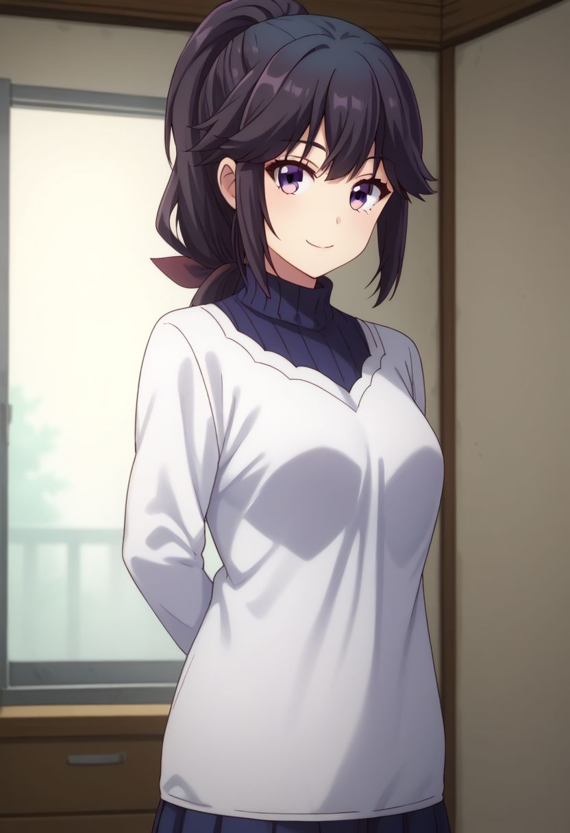 score_9, score_8_up, score_7_up, source_anime, highly detailed, 
seiko, 1girl, solo, skirt, smile, upper body, looking at viewer, black hair, long hair, ponytail, blue skirt, standing, short hair, purple eyes, long sleeves, sweater, pleated skirt, arms behind back,
indoor, japanese