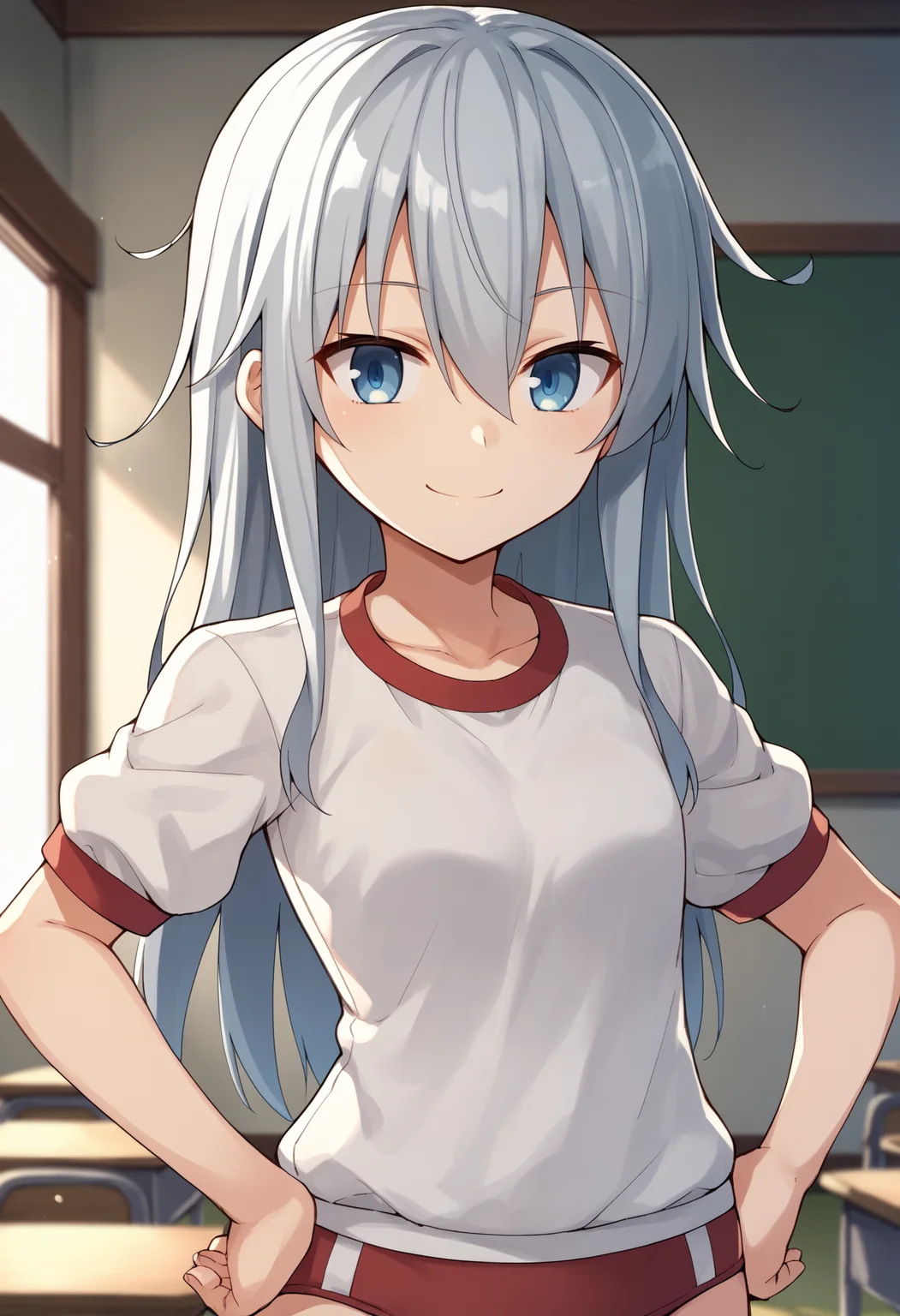 score_9, score_8_up, score_7_up, score_6_up, score_5_up, score_4_up, BREAK, source_anime,
1girl, hibiki \(kancolle\), grey hair, long hair, hair between eyes, blue eyes,
gym uniform, white shirt, red buruma,
smile, hands on hips, standing, solo, looking at viewer, indoors, classroom background <lora:HibikiXL:1>