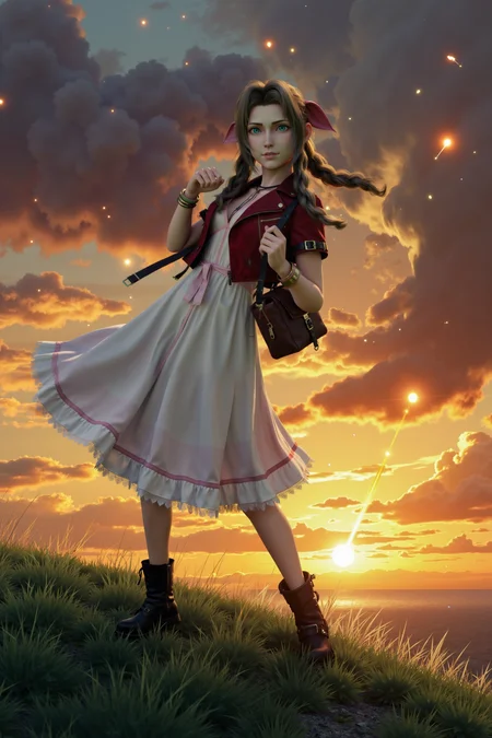 An anime-style illustration of Aerith Gainsborough standing on a grassy hill during a windy sunset. Her hair and scarf are flowing dramatically with the breeze as she leans forward, one hand gripping the strap of her bag, the other clenched in determination. Her eyes sparkle with confidence, and the vibrant sunset sky is filled with swirling hues of orange and pink., <lora:Aerith Gainsborough:1.0>