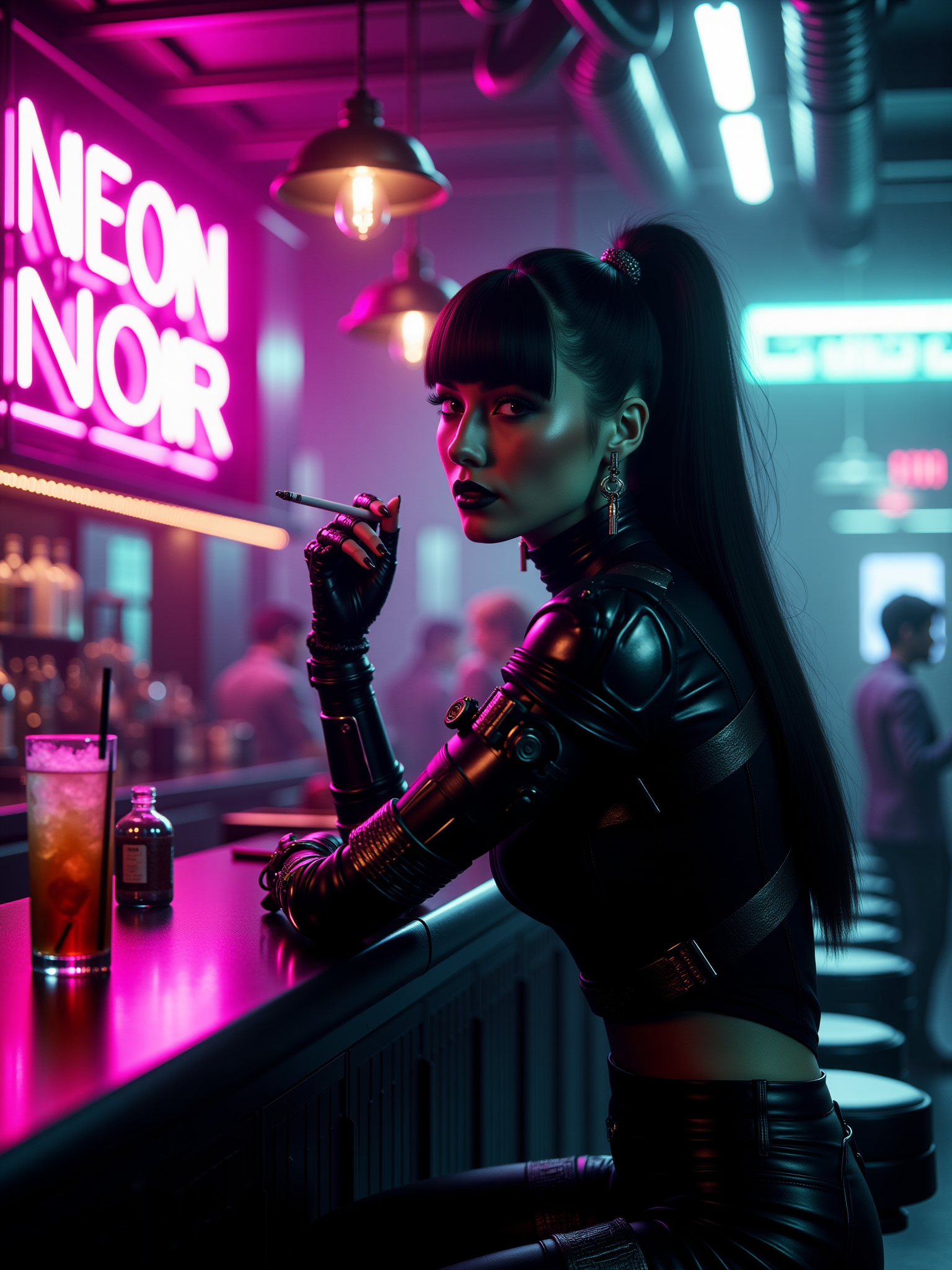 woman sitting at the counter of a futuristic cyberpunk bar wearing futuristic clothing and cybernetic arm leaning on counter holding a drink and cigarette, mad-neon-noir  <lora:Neon_Noir_FLUX:0.7> magenta neon signs "NEON NOIR" , teal neon sign "by maDcaDDie",