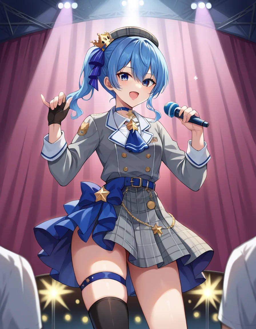 score_9, score_8_up, score_7_up, source_anime,
suiseihoshimachi, <lora:suisei-hoshimachi-ponyxl-lora-nochekaiser:1>
suisei hoshimachi, blue eyes, blue hair, choker, hair between eyes, medium hair, side ponytail, star choker,
ascot, asymmetrical legwear, belt, beret, black gloves, blue ascot, blue belt, blue bow, blue choker, bow, buttons, choker, collared shirt, crown, gloves, grey headwear, grey jacket, grey skirt, hat, jacket, jewelry, kneehighs, long sleeves, miniskirt, mismatched legwear, partially fingerless gloves, pendant, plaid, plaid jacket, plaid skirt, shirt, single kneehigh, single sock, skirt, skirt set, socks, star choker, star print, thigh strap, uneven legwear, white shirt,
indoors, stage, stage lighting, microphone, singing, holding microphone, open mouth,
looking at viewer, dutch angle, cowboy shot,