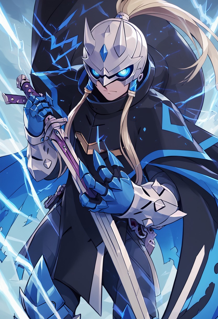 score_4,score_5,score_6,score_7_up,score_8_up,score_9 ((masterpiece,best quality,ultra detailed,highres,HD,4k:1.2)),
1 girl, solo, blonde, long hair, ponytail, blue eyes, round eyes, mask, horns, sword, cape, cloak, armor, spikes, gauntlets, standing,holding a weapon, holding a sword, sheath, sheathed,silver sword,
Lightning, thunder, thunderbolt,