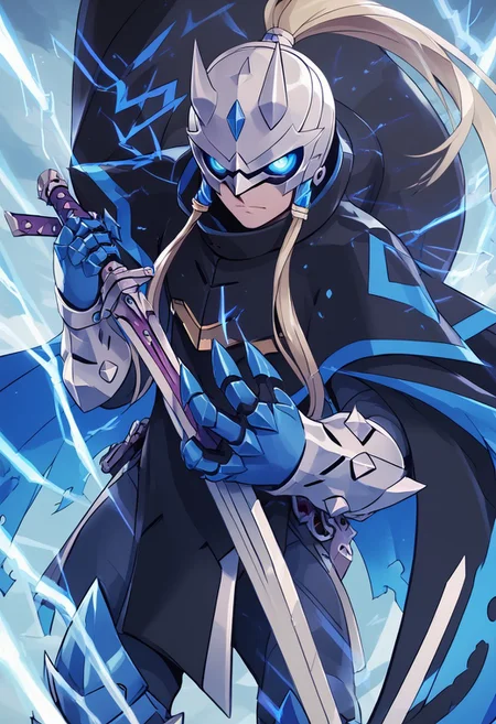 score_4,score_5,score_6,score_7_up,score_8_up,score_9 ((masterpiece,best quality,ultra detailed,highres,HD,4k:1.2)),
1 girl, solo, blonde, long hair, ponytail, blue eyes, round eyes, mask, horns, sword, cape, cloak, armor, spikes, gauntlets, standing,holding a weapon, holding a sword, sheath, sheathed,silver sword,
Lightning, thunder, thunderbolt,