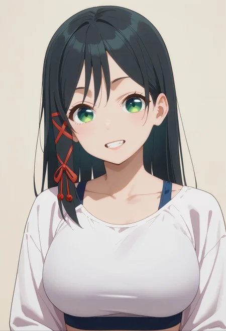 score_9,score_8_up,score_7_up, <lora:amagami_yae_pdxl_goofy:1> amagamiYae, black hair, green eyes, long hair, hair ribbon,red ribbon ,1girl, black hair, breasts, casual, contemporary, large breasts, looking at viewer, simple background, teeth, upper body,sports bra, spaghetti strap, shrug \(clothing\), long sleeves,
