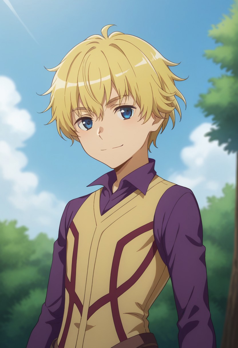 score_9, score_8_up, score_7_up, source_anime, highly detailed, 
deimne, solo, 1boy, male focus, blonde hair, blue eyes, gloves, smile, looking at viewer, brown gloves, pantyhose, purple panthyhose, shirt, purple shirt, tunic, upper body
outdoor, sky, tree, clouds