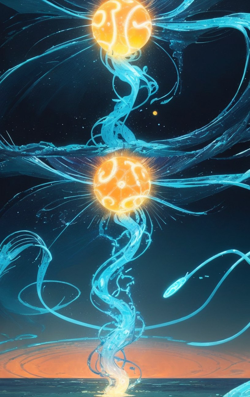 artwork <lora:Moebius:1>,  translucent, shimmering neuron-like, surrounded by floating softly glowing orbs that pulse in rhythm, waves of color ebb and flow across its surface, representing the unseen currents of thought and emotion