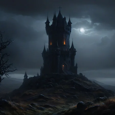 oil painting, fantasy, rpg, a tower in the moorland, dark clouds, dark moor, (misty:1.5), creepy atmosphere, dramatic light, (darkness:2.5), 34K uhd, masterpiece, high detail, 8k, intricate, detailed, high resolution, high res, high quality, <lora:add-detail-xl:1.8>, highly detailed, Extremely high-resolution details, fine texture, darkness, castle