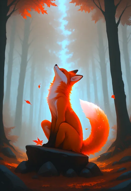 masterpiece, best quality, good quality, newest, highres, absurdres, solo, closed mouth, sitting, closed eyes, outdoors, tree, no humans, animal, leaf, grass, nature, forest, rock, animal focus, white fur, autumn leaves, autumn, fox, falling leaves, orange fur, glowing, xxx667_illu <lora:illustriousXL_stabilizer_v1.23:0.3> <lora:NOOB_vp1_detailer_by_volnovik_v1:0.3> <lora:ponyv6_noobE11_2_adamW-000017:0.3> <lora:XXX667:1>