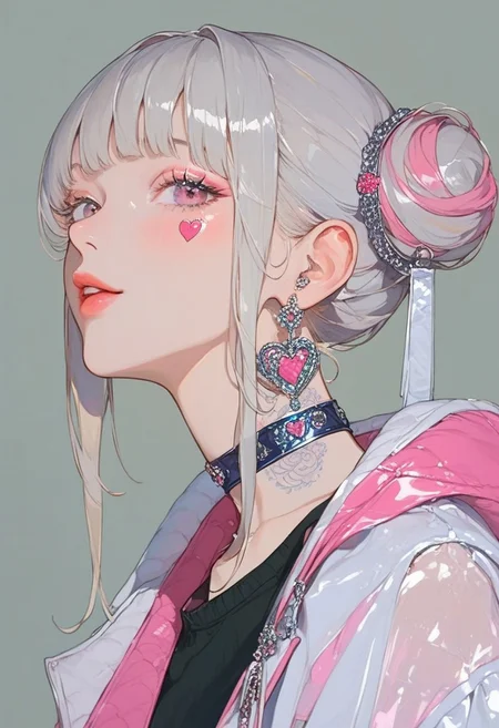score_9, score_8_up, score_7_up, score_6_up, score_5_up, score_4_up,1girl, turtleneck sweater, black sweater, pale skin, high fashion, modern, drawing, whole body, realistic, female, barbie, extravagant, pink fur jacket with highly detailed attire , a female outfit, pink and silver dominant color, harness, choker, pink net socks, lots of details, lost of clothing details, silver accessories, platform heels, lots of accessories, minimalistic, eye catching, stunning, fashion sense, portrait, cute face, model girl, anime, looking at viewer, tattoo, from side, long twintails, hair bun, bangs, long bangs, korean face,