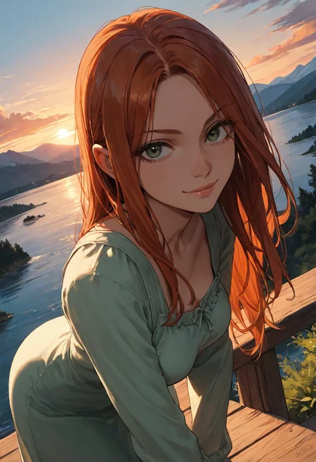 (score_9, score_8_up, score_7_up), zPDXL3, (drawn, wide hips:1.3),1girl, solo, medium breasts, redhead,
green eyes, long hair, green dress, from above, sunset, dynamic lighting, sundress, sleeves,
(outdoors, mountains, river:0.8), (face focus, close-up:1.5),
looking at viewer,
(dutch angle, from side, leaning on railguard, standing, leaning forward, hands forward:1.3),
smug,