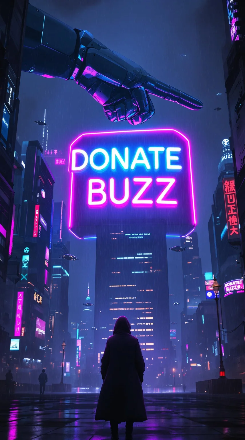 A futuristic cityscape, bathed in neon lights. Towering skyscrapers and flying vehicles fill the sky. A giant, robotic arm, its metallic fingers glowing, points towards a colossal neon sign that reads "DONATE BUZZ." The sign's vibrant colors contrast with the dark, rain-slicked streets below. A lone figure, shrouded in a long coat, stands in the foreground, their gaze fixed on the sign.
Additional details to consider:
Color palette: A mix of neon pinks, blues, and purples against a dark, moody backdrop.
Lighting: A combination of soft, ambient light from the city and harsh, spotlight-like beams from the neon sign.
Atmosphere: A sense of both wonder and unease, reflecting the contrast between the dazzling city and the mysterious figure.