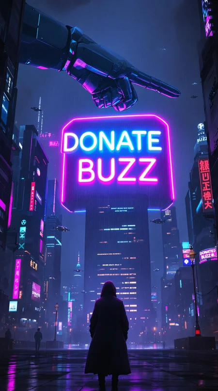 A futuristic cityscape, bathed in neon lights. Towering skyscrapers and flying vehicles fill the sky. A giant, robotic arm, its metallic fingers glowing, points towards a colossal neon sign that reads "DONATE BUZZ." The sign's vibrant colors contrast with the dark, rain-slicked streets below. A lone figure, shrouded in a long coat, stands in the foreground, their gaze fixed on the sign.
Additional details to consider:
Color palette: A mix of neon pinks, blues, and purples against a dark, moody backdrop.
Lighting: A combination of soft, ambient light from the city and harsh, spotlight-like beams from the neon sign.
Atmosphere: A sense of both wonder and unease, reflecting the contrast between the dazzling city and the mysterious figure.