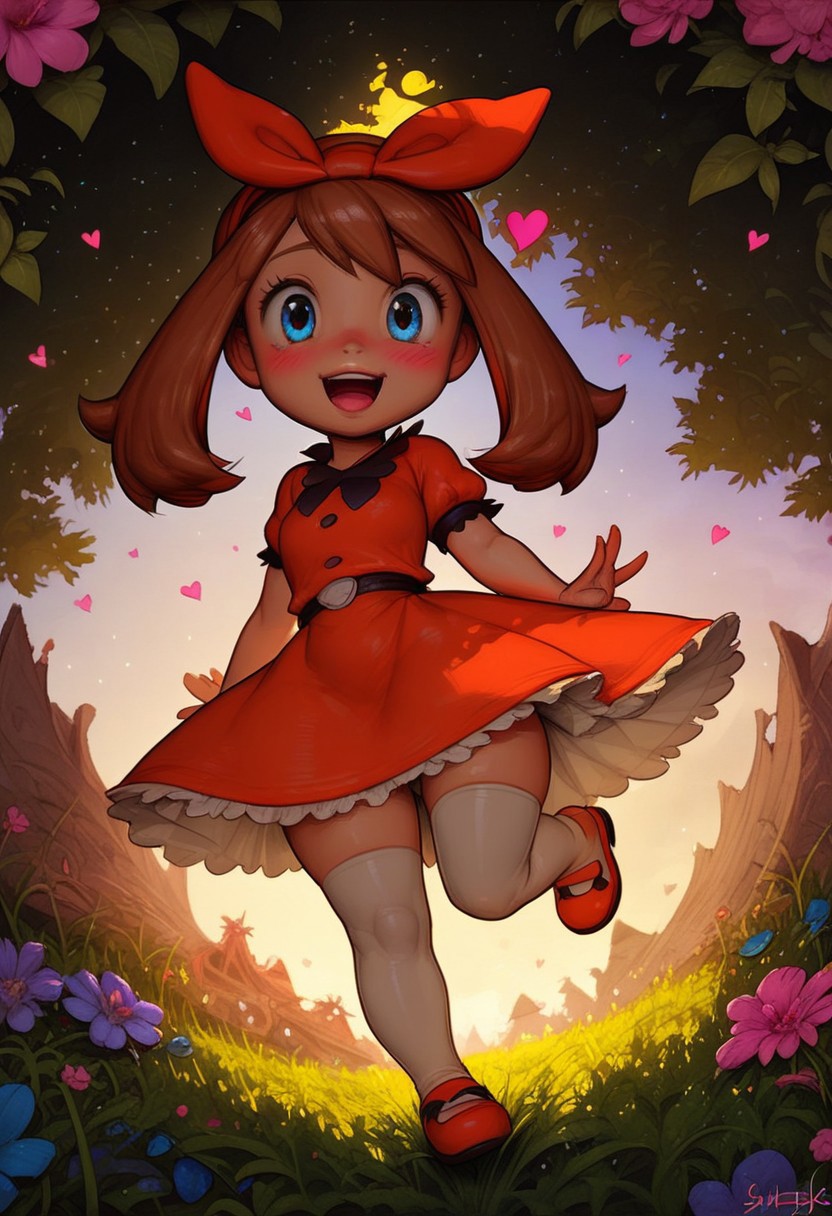(score_9, score_8_up, score_7_up, score_6_up, score_5_up, score_4_up), source_cartoon,  extreme size difference, short stack, (a cute 21 year old pokemon princess in an enchanted forest), pokemon running around, May, Airi Akizuki, 1girl, petite, cute face, perfect body, slender body, jeweled crown, dynamic pose, closeup, full body, small body, curvy, cute dress, small perky tits, detailed grassy field, flowers, trees, shiny, white stockings, (side view), (close to belly), blushing, excited, hearts, g0thicPXL, glowing, neon, pov, abstract,