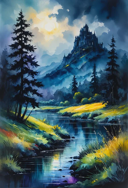 Magic, dark and moody landscape, in Gouache Style, Watercolor, Museum Epic Impressionist Maximalist Masterpiece, Thick Brush Strokes, Impasto Gouache, thick layers of gouache watercolors textured on Canvas, 8k Resolution, Matte Painting