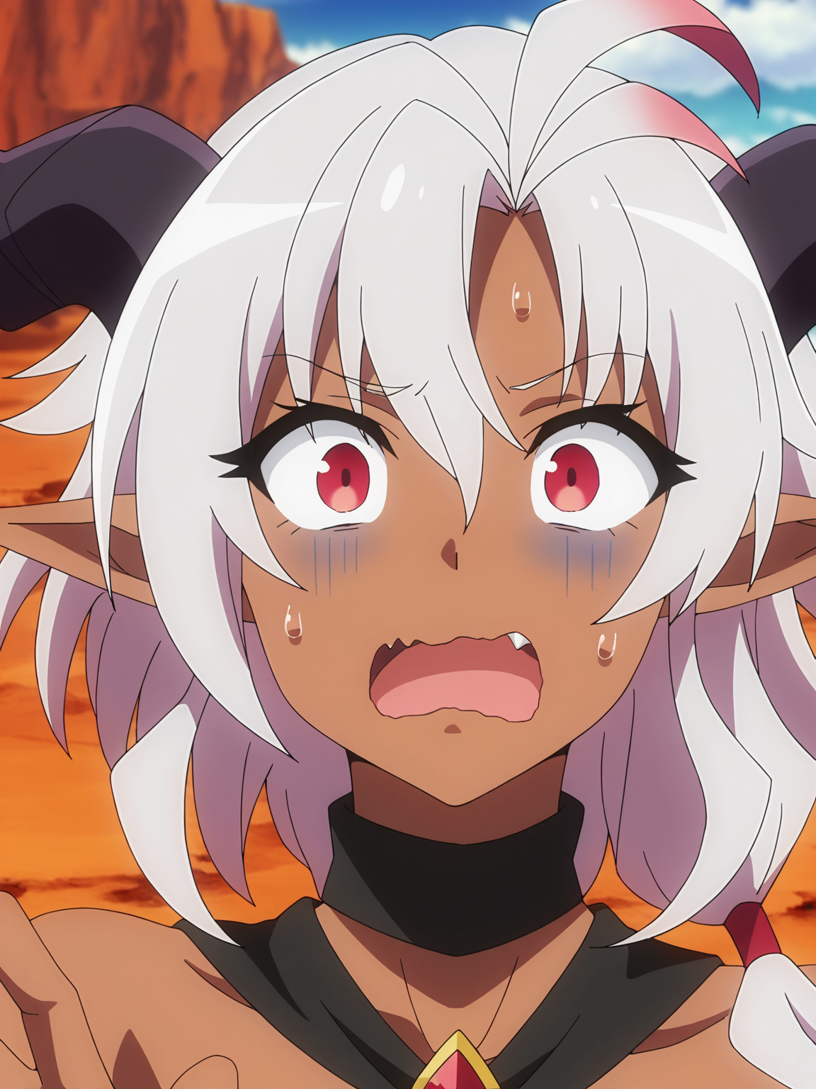 <lora:Heine:0.8>, heine, 1girl, solo, horns, multicolored hair, white hair, pink hair, long hair, red eyes, pointy ears, dark-skinned female, choker, bare shoulders, surprised, scared, open mouth, wavy mouth, fang, turn pale, sweat, looking at viewer, standing, hand up, portrait, cropped, outdoors, desert, canyon, sky, cloud, day, blurry background