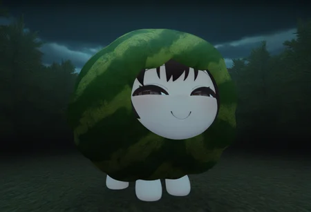 masterpiece, best quality, solo, <lora:left4dead2-Style-illus_Fp:1>, 3d, cloudy sky, gameplay mechanics, night, forest, <lora:ChamWatamelonIllustriousXL:1>, 1other, Watamelon, no humans, cosplay, chibi, watermelon, all fours, smile, smug, half-closed eyes