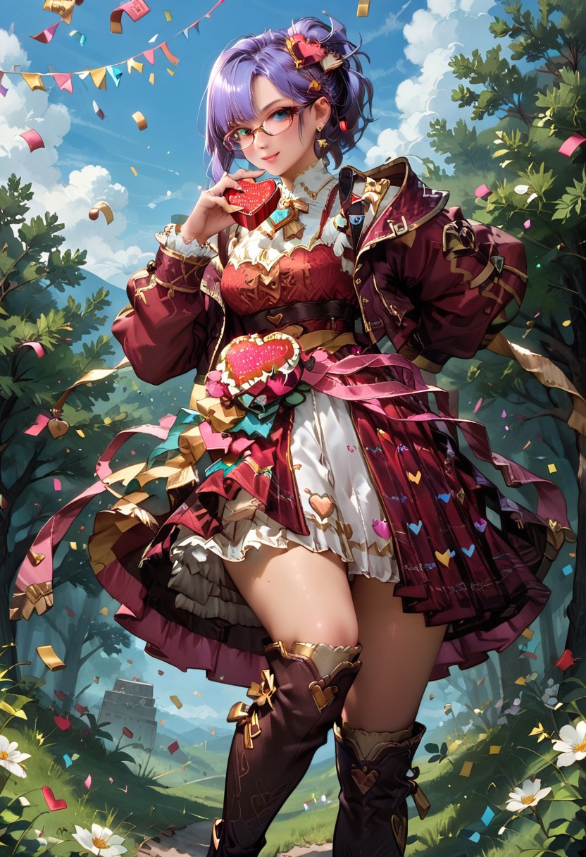 score_9, score_8_up, score_7_up,sweetildyra,1girl, solo, purple hair, blue eyes, boots, white underdress, heart formed hair ornament, knee_boots, boot ornament, band around waist, band belt, open vest, brugundy split skirt, pattern on clothes, confetti box, outside, field of hearts, sky, glasses,burgundy top,Expressiveh
