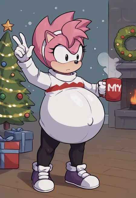 score_9, score_8_up, score_7_up, score_6_up, score_5_up, score_4_up, 1girl, solo, furry, full body, fleetwayamy, amy rose, spiked hair, pink fur, black eyes, white gloves, sweater dress, pantyhose, no shoes, messy hair, arm up, standing, hedgehog ears, <lora:Fleetway Amy v1:0.8>, hyper_preg, pregnant. belly inflating, Christmas, Christmas Tree, Snowing, holding a mug of hot coco, lid fireplace