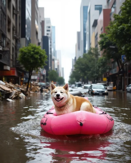 Imagine an image in the style of cinematic photorealism: A joyful Akita Inu dog named Yujin, happily navigating the flooded city streets in a pink flamingo inflatable boat. Yujin is smiling contentedly as he passes by half-submerged vehicles and debris. The boat's wake creates ripples that distort the reflection of a distant, partially flooded skyscraper., <lora:flux\personas\YujinLiz.safetensors:1.0:1.0> <lora:flux\estilos\Flooded_Streets_Flux.safetensors:1.0:1.0> <lora:flux\estilos\PCB_Image_Enhancer_for_FLUX.safetensors:1.0:1.0>