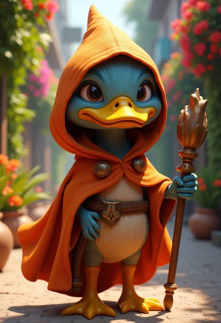 a hyper-realistic, professional-quality photograph of a  highly detailed and realistic fantasy scene featuring an anthropomorphic elepjant wizard. The character has a serious, determined expression, with sharp eyes, It is dressed in a orange, hooded cloak that covers most of its body, giving it an air of mystery and stealth. The cloak has a textured, new appearance, adorned with ornaments, indicating it has been through many adventures. The wizard holds an ornate staff confidently by its side, ready for battle. The background should suggest a lush, vibrant Indian street, with brightly colored flowers and plants, with bright sunlight casting soft shadows on the ground. The overall atmosphere should convey a sense of readiness and bravery, as the duck wizard stands poised for its next quest. The scene should be vibrant and full of life, with realistic textures and lighting that bring the character and its environment to life, blending charm with an adventurous spirit.., lifelike quality
