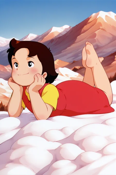 masterpiece, best quality, amazing quality, absurdres, alpsheidi, brown hair, solo, smile, lying, head rest, on stomach, on cloud, lying on cloud, yellow shirt, red dress, barefoot, outdoors, mountains, blue sky, retro artstyle