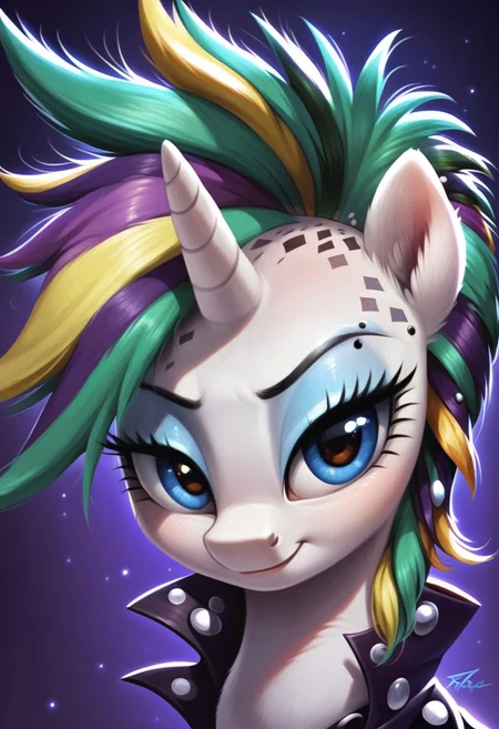 score_9, score_8_up, score_7_up, score_6_up, score_5_up, score_4_up, my little pony, ((feral pony)), ((Raripunk)), Rarity, 1girl, ((solo)), (sexy), beautiful, detailed, (detailed cute pony face), detailed eyes, detailed fur, detailed hooves, beautiful, vector, flat colors, (beautiful long eyelashes), (beautiful hooves), simple background, colorful background, (looking at you, looking at viewer:1.5), smug, ((close-up)), high angle