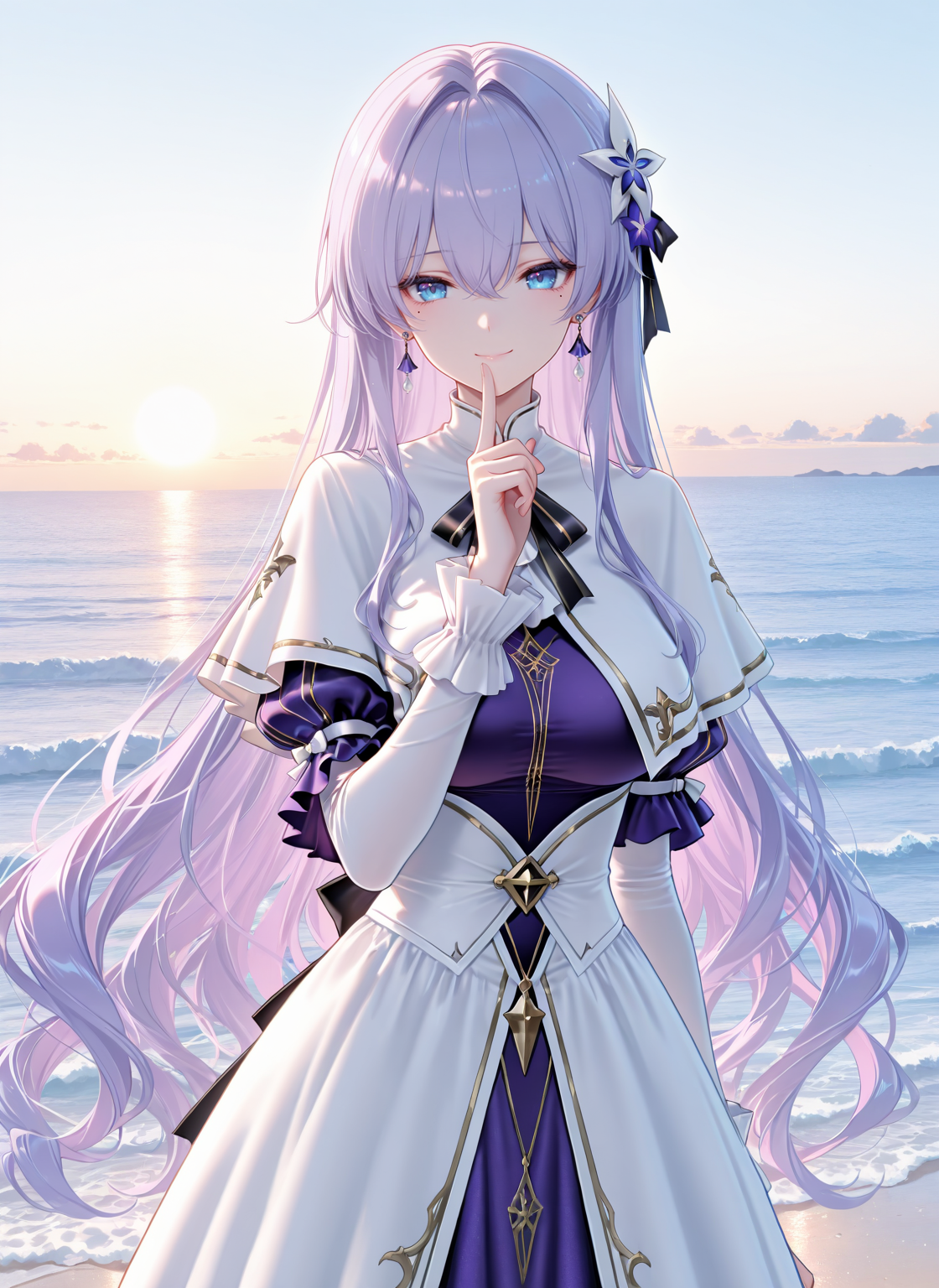 masterpiece,best quality,newest,absurdres,highres,soft shadows,year2024,mutou kurihito,(kimishima ao:0.7),(hiten \(hitenkei\):0.4),(sheya:0.4),
<lora:Cantarella youngXLNAI:1>,Cantarella (\young\),1girl,light purple hair,blue eyes,hair ornament,hair between eyes,mole under eye,earrings,white capelet,puffy sleeves,long sleeves,purple dress,white dress,
ocean,standing,finger to mouth,
smile,