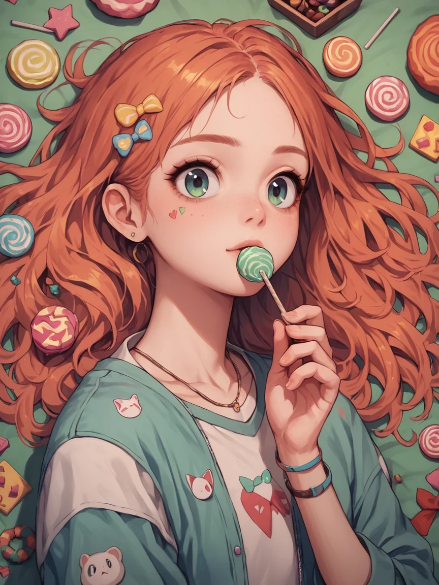 score_9, score_8_up, score_7_up, score_6_up, score_5_up, score_4_up, <lora:c0l0urc0r3XLP2:0.8> c0l0urc0r3, cute, bright colours, 1girl, long hair, ginger, harajuku, candy,