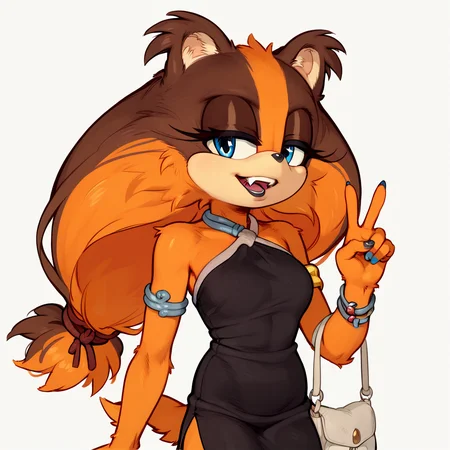 score_9, score_8_up, score_7_up, score_6_up, score_5_up, score_4_up, BREAK, <lora:sticksthebadger:1>, sticks the badger, 1girl, solo, long hair, breasts, looking at viewer, smile, open mouth, simple background, brown hair, white background, dress, animal ears, bare shoulders, jewelry, tail, multicolored hair, cowboy shot, teeth, sleeveless, hand up, bag, nail polish, orange hair, black dress, bracelet, v, makeup, sleeveless dress, fangs, half-closed eyes, happy, black nails, furry, armlet, eyeshadow, low-tied long hair, blue nails, handbag, hair tie, bangle, animal nose, brown fur, body fur, furry female, orange fur, two-tone fur, blue eyes