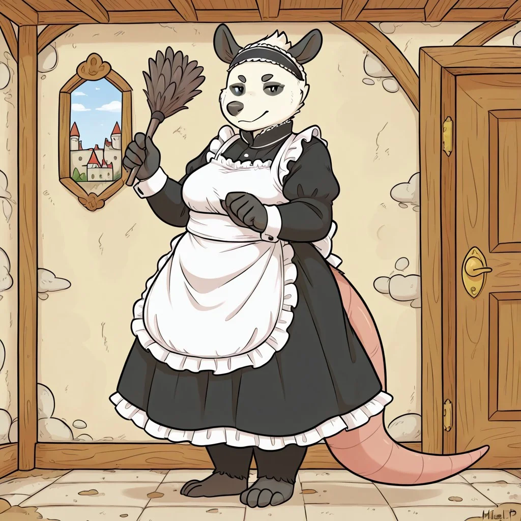 Poppy(PP), Solo, 1girl, anthro, furry female, Possum, American opossum, white and black fur, hazel eyes, black nose, thick tail, slightly chubby, full body, looking at viewer, traditional maid outfit, maid headband, frilled apron, feather duster, dusting wall, dirt clouds, indoors, castle setting,