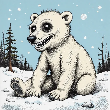 a bright illustration of a polar bear playing in the snow, in the style of r0b3rt_crum8