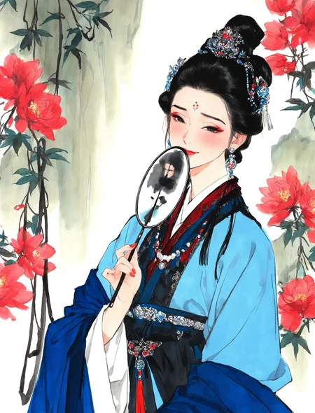 outdoors,
1girl, solo, smile, black hair, long sleeves, hair ornament, dress, holding, jewelry, upper body, flower, earrings, hand up, wide sleeves, necklace, hair bun, nail polish, black eyes, fingernails, eyelashes, makeup, chinese clothes, facial mark, half-closed eyes, single hair bun, tassel, gem, lipstick, red nails, hand fan, eyeshadow, beads, shawl, forehead mark, holding fan, updo, hanfu, blue robe, looking at viewer, covering mouth with fan, embarrassed, blush,
traditional media,
<lora:freehandink_NOOB1.0_V-PRED:1>
masterpiece, best quality, newest, absurdres, highres