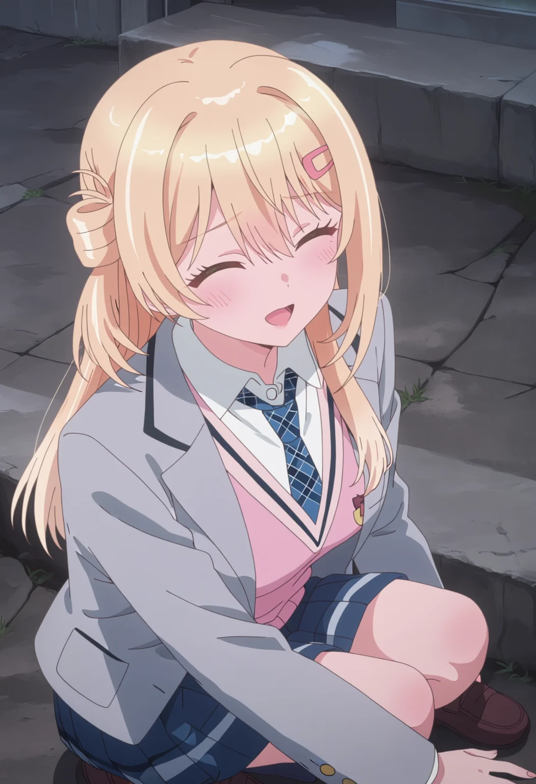 masterpiece, best quality, score_7, highres, absurdres, anime screenshot, safe, imfyuu, blonde hair, long hair, hair between eyes, blue eyes, hair bun, single side bun, half updo, sidelocks, solo, yuusch00lb, school uniform, grey jacket, blazer, white shirt, blue necktie, collared shirt, long sleeves, pink sweater vest, hairclip, open jacket, blue skirt, pleated skirt, plaid necktie, diagonal-striped necktie, blue socks, kneehighs, miniskirt, brown footwear, loafers, squatting, from side, high-angle view,, Soft, passionate gaze, eyes almost closed, slow smile,