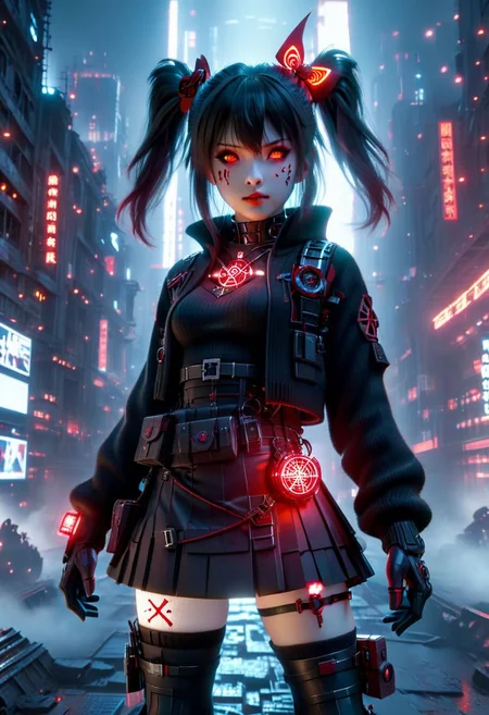 3d movie poster, dynamic camera angle, 1girl, cyberpunkartstyle rin tohsaka cosplay, detailed beauty face, portrait, red|black, fingerless gloves , coat|sweater, science fiction, (glowing hair ornament) , skirt, thighhighs, night, hair buns