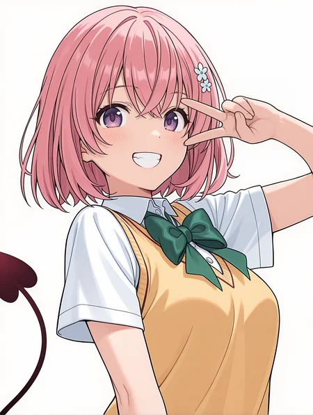 masterpiece,best quality,newest,
1girl,solo,
<lora:T_nari_ilxl_v3:1>,t_n,
<lora:momo_ilxl_v1.8:1>,momo,pink hair,purple eyes,short hair,h_o,hair ornaments,m_clothes,short sleeve blouse,yellow vest,green bowtie,demon tail,
<lora:Fixhands_anime_bdsqlsz_V1:1>,looking_at_viewer,simple_background,white_background,grin,:d,v over eye,