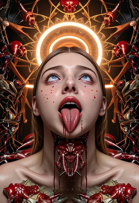 written at the top of the image is the words 'THE LOST FUTURES'.
below, a kaleidoscopic man with head coming apart like the woman in total recall four eyes two on each side of the face and two noses and two mouths very high technology greedy fat man eating big wads of paper cash money, he has a very bright halo around his head, in the background are esoteric magic symbols and sacred geometry as well as floating rats and severeed heads. he has a split face with blood coming out of his eyes color bars dripping blood faces screaming tv test pattern static imagery glitch pattern but embedded with cash symbols, dollar signs, money
