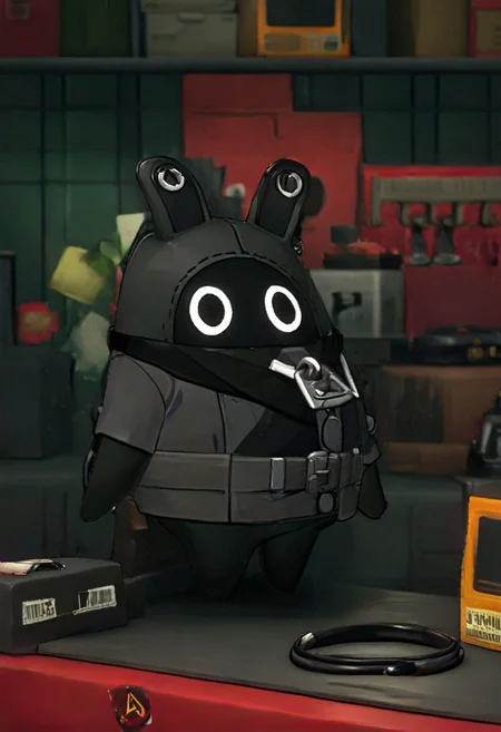 high quality,best quality, beautiful aesthetic, very intricate, high quality details, perfect details, best resolution, extremely detailed background, good_hands, masterpiece, uncensored, Expressiveh, 
 1other, bangboo, solo, simple background, black eyes, half white half black body, long trench coat, no humans, inkpot,  pen,
