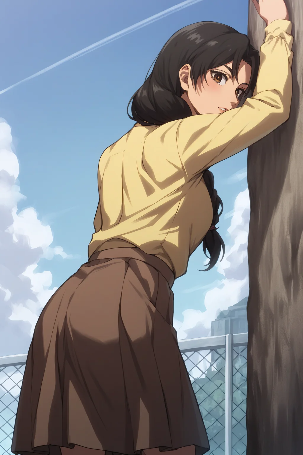 score_9, score_8_up, score_7_up, BREAK source_anime, <lora:carla yeager-PonyXL-lora-Faxtron:0.8> carla yeager, tucked-in yellow shirt, long sleeves, brown skirt,