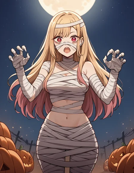 score_9, score_8_up, score_7_up, source_anime, marinkitagawa, <lora:marin-kitagawa-ponyxl-lora-nochekaiser:1>, marin kitagawa, long hair, bangs, blonde hair, red eyes, multicolored hair, medium breasts,, <lora:mummy-costume-ponyxl-lora-nochekaiser:1>, mummy costume, bandages, halloween costume, bandaged arm, zombie pose, bandage on face,, desert, moon, night, open mouth,, cowboy shot