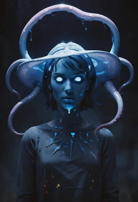 weird water woman, 19yo, portrait, strange tentacles, prismatic beams, score_9, score_8_and_up