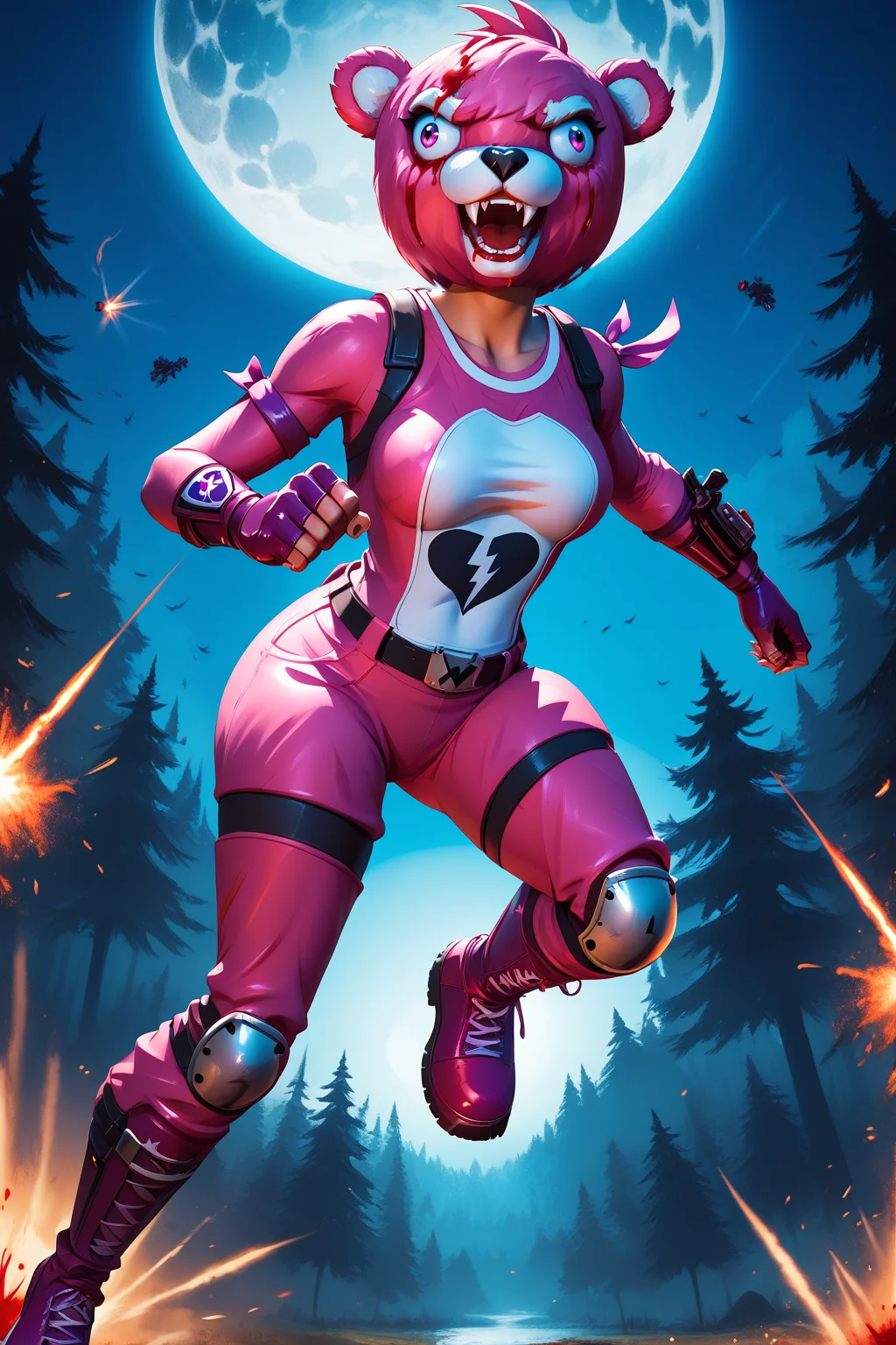 score_9, score_8_up, score_7_up, masterpiece, high quality, 
 <lora:Fortnite Cuddle team leaderPonyLora:0.8> cuddlebear, outfit, gloves, knee armor, explosions, thick forest, jumping, upper body, angry, fangs, blood, bloody clothes, muscualr, moon, at night, attack pose
