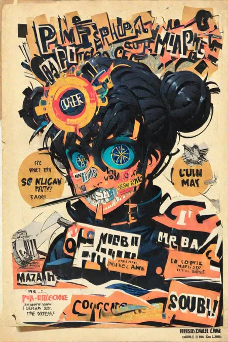 black hair, comic, cover art, cutout, english text, face, facepaint, hair bun, horizon, letter cutout, magazine cutout, male focus, mouth hold, no humans, paper cutout, paper_cutout, science fiction, solo, text background, text in eyes, text markings, text_background, text_markings, web address, weirdcore,
 <lora:Weirdcore_XL:1>