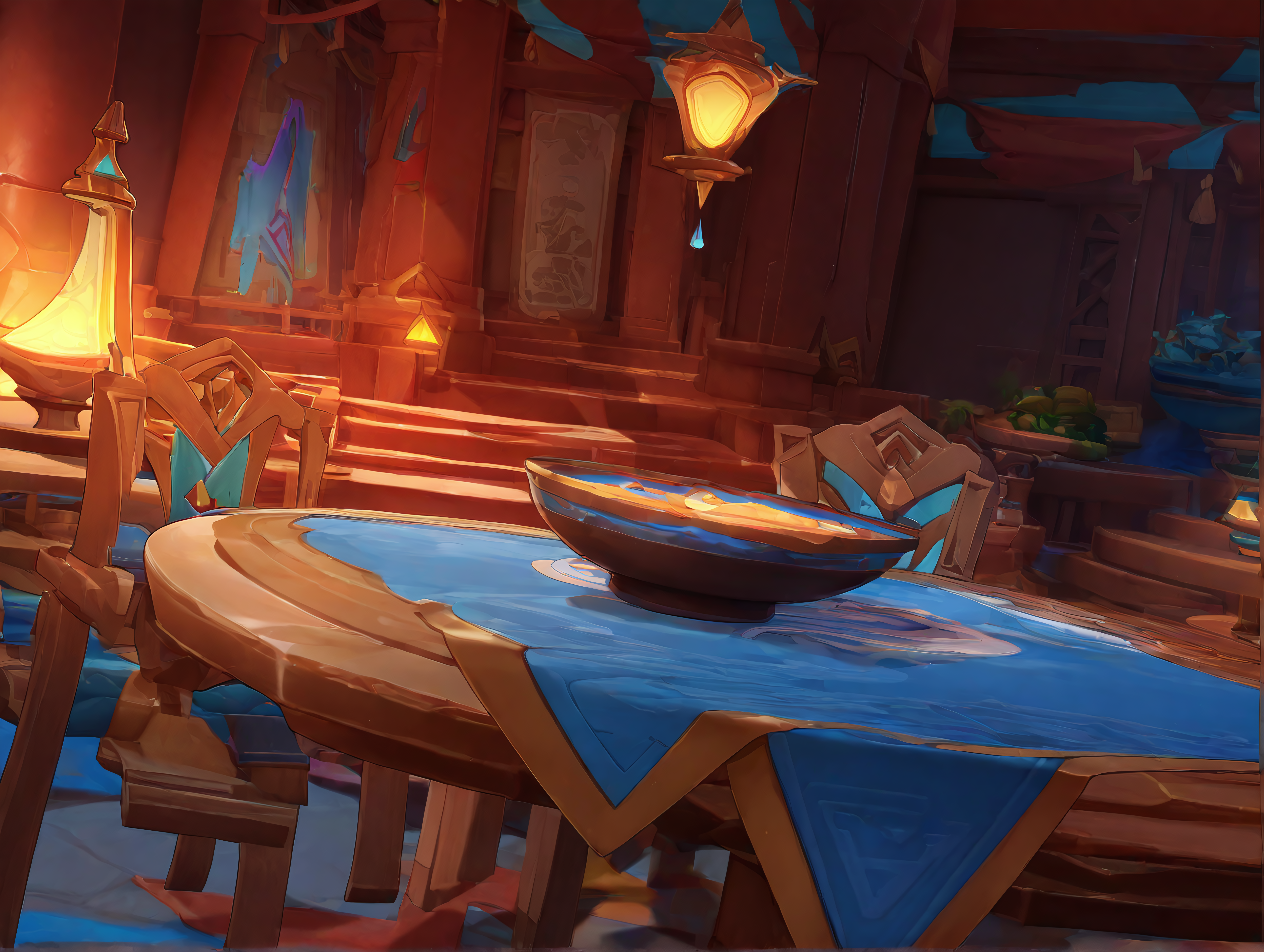 no humans, genshin impact, General, ririko \(fhnngririko\), dynamic angle, natlan, tavern, fantasy, table, indoors, bowl, scenery, chair, lamp, stairs, no humans, dark, masterpiece, best quality, absurdres, highres