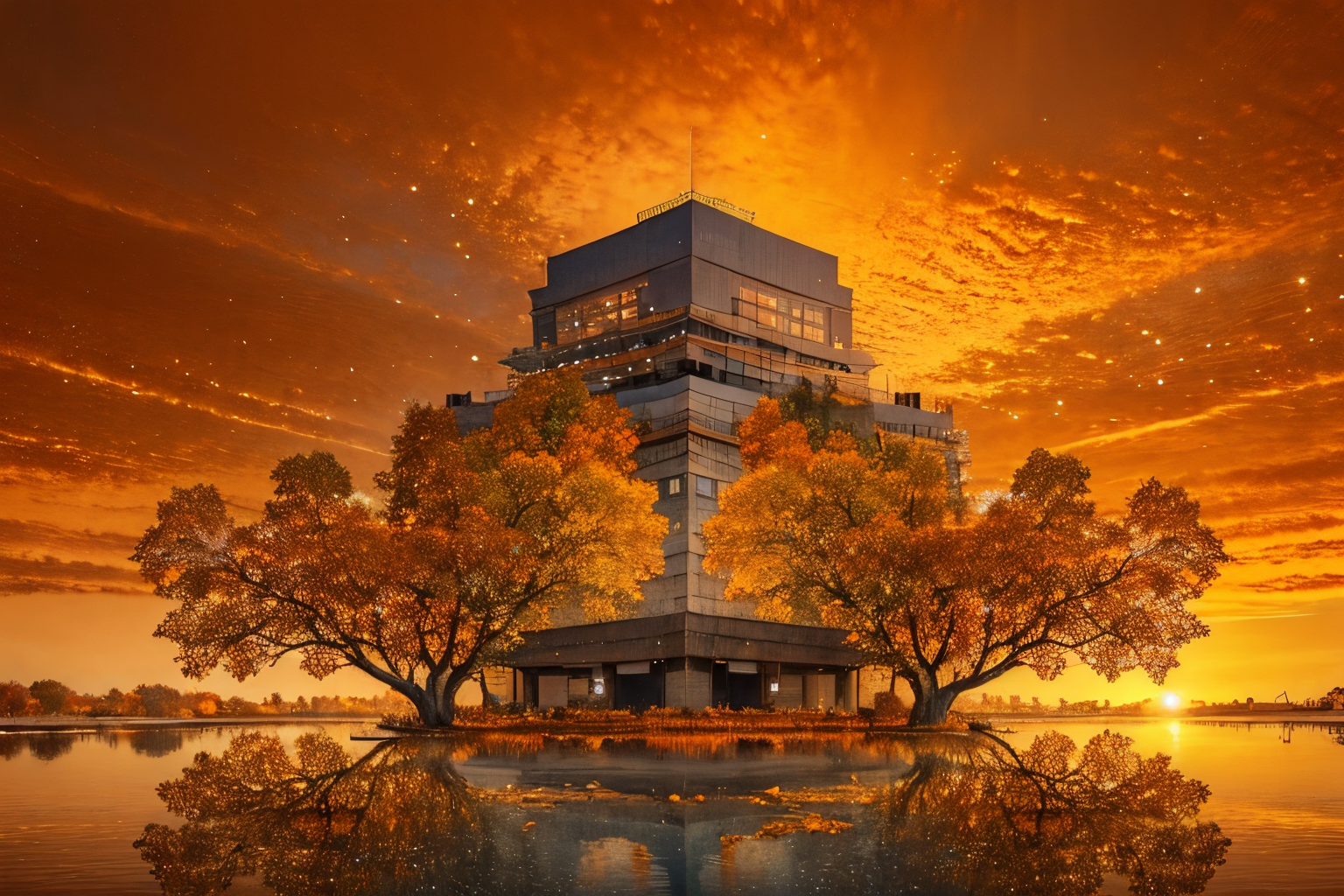 (Realistic:1.5) EdobLandscapeAlpha , east asian architecture, autumn, reflection, space, orange sky, cityscape, still life, painting (medium), science fiction, greyscale, <lora:EdobLandscapeAlpha_v1.0:0.8>