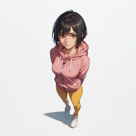 score_9, score_8_up, score_7_up, score_6_up, masterpiece, best quality, Sabr1nA, BREAK 1girl, solo, open eyes, brown eyes, medium breasts, black hair, bob haircut, short pink hoodie with hood and zipper, thin, yellow leggings, white sneakers, looking at the viewer, top view, high angle, hands behind back, full body, standing, simple background, white background, masterpiece, best quality