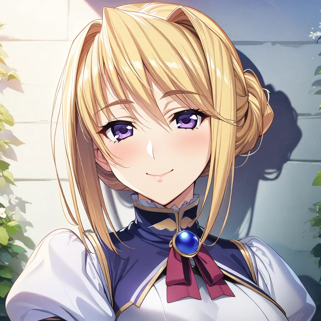 1girl, solo. sylvia_van_hossen, large breasts, blonde hair, purple eyes, hair bun, close up, portrait, smile, <lora:XL-SylviavanHossen:1>, (masterpiece),(best quality),(ultra-detailed),(best illustration),(best shadow),(absurdres),(detailed background),(very aesthetic),