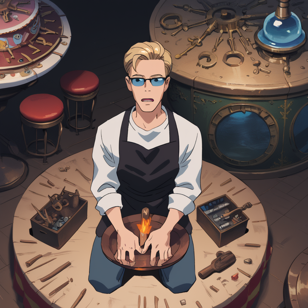 PonyScores7, source_anime, ah1, best quality, (masterpiece:1.4), (high quality:1.4), sharp focus, 4k, absurd resolution, <lora:albertwesker-guy-PONYv1:0.8> albertwesker, albert wesker, 1boy,  blonde, (sunglasses:1.3), looking at viewer, toned, athletic, fit, slicked back hair, mature male, short hair, (malevolent witch, gnarled fingers with a sinister cackle and a cursed broom), (clockwork Carousel, Ornate carousel adorned with brass and gears, intricately carved wooden animals bobbing up and down, the sound of calliope music filling the air, laughter echoing through the park), bad-hands-5, ((Surprised, Feeling or showing surprise expression)), <lora:xl_more_art-full_v1:0.2>, <lora:shinyskin2:0.2> glistening skin, <lora:aesthetic_anime_v1s:0.2>, <lora:Expressive_H:0.2> Expressiveh, <lora:hairdetailpxl:0.2> hairdetailpxl, <lora:detailxl:0.2> detailxl, (High Angle view medium Close shot (focus on knees)), (focused, intense glare), short hair, blue eyes, best quality, amazing quality, best aesthetic, absurdres, <lora:expressive eyes:0.2> expressive eyes, <lora:eyedetailpxl:0.2> eyedetailpxl, illustration, Volumetric_Lighting, ultra-detailed, very aesthetic, intricate details, 8k, masterpiece, best_quality, (angular face, sharp_featured face), <lora:Eyes_High_Definition:0.2> EyesHD, handsome, charming, alluring, AS-MidAged, <lora:Blacksmith_Apron:0.5> (((BL4CKSM1TH, Black apron, blacksmith, apron, leather))),
