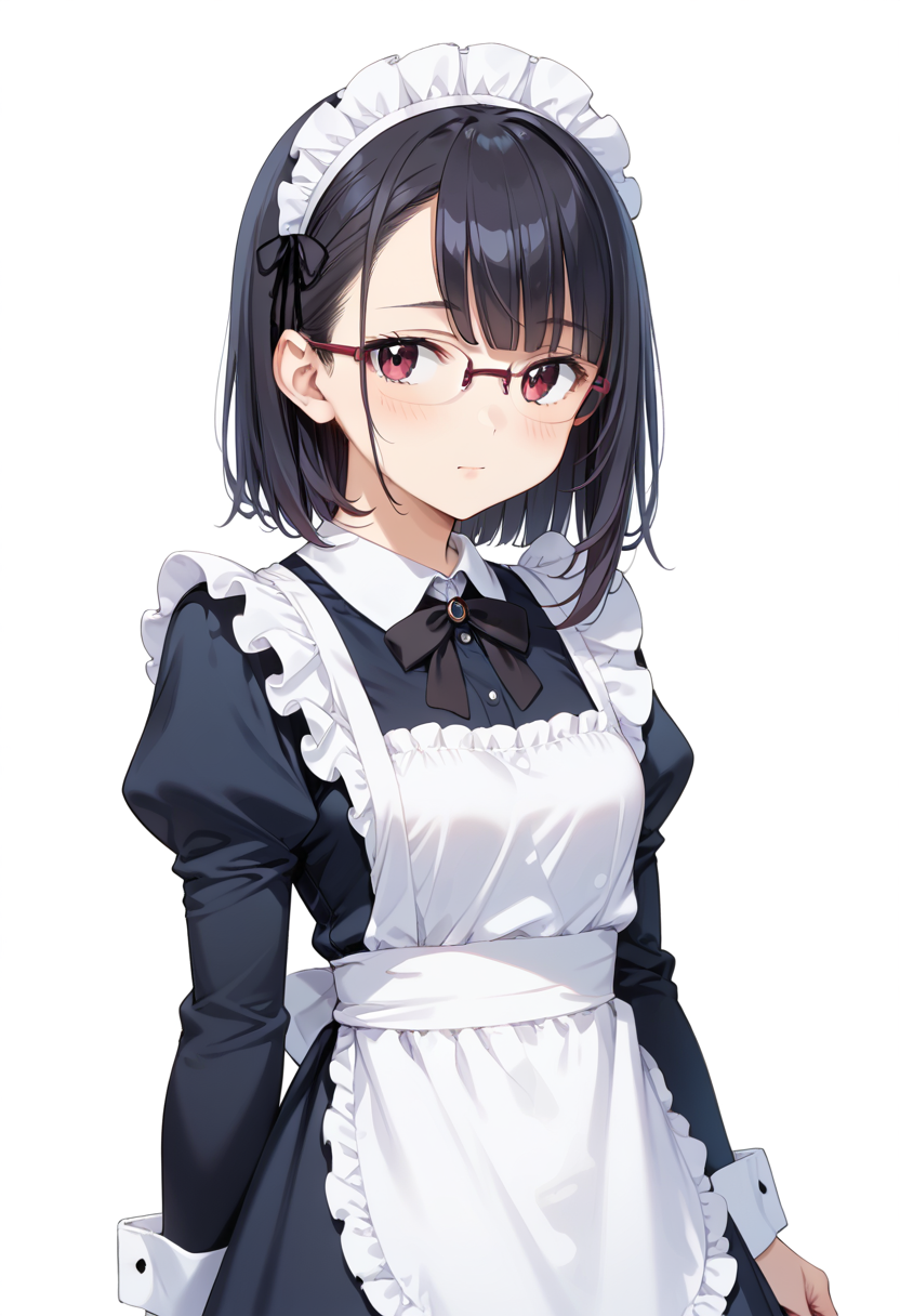 score_9, score_8_up, score_7_up, rating_safe, masterpiece, best quality, absurdres, unity 8k wallpaper, official art, official style, source_anime, uncensored, game cg, megami magazine,
1girl, solo, black hair, medium hair, upper body, covered eyes,maid, maid headdress, black dress, maid apron, face focus, 
halfrim15S, still life, white background, simple background, red-framed eyewear,
 <lora:glasses_halfrim15s_PONY_V1:1>